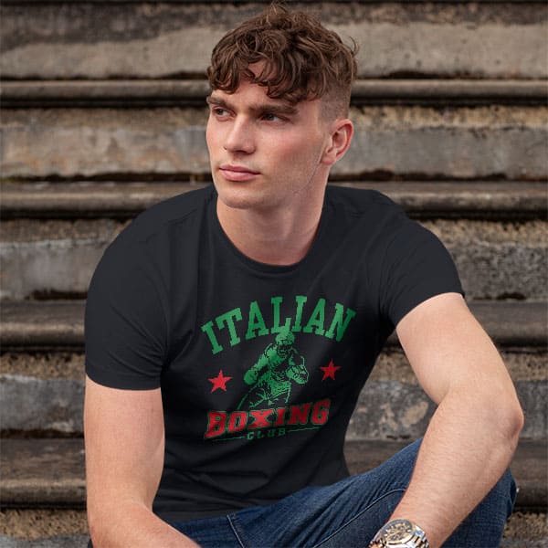 Italian Boxing Club adult black t-shirt on a man front view