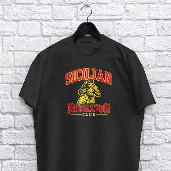 Sicilian Boxing adult black t-shirt on a hanger