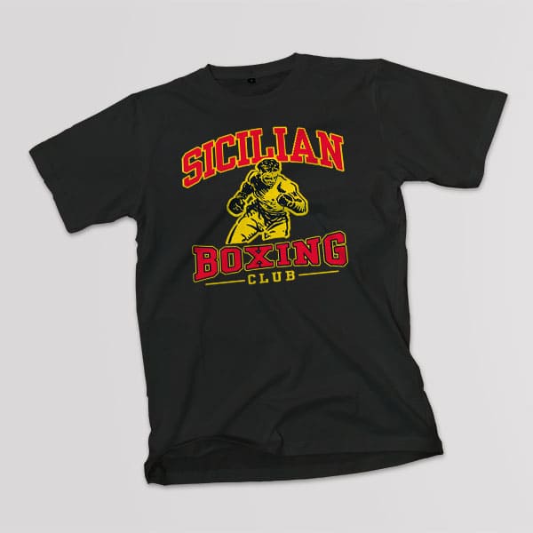 Sicilian Boxing adult black t-shirt on a table