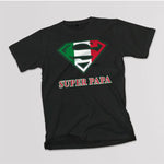 Super Papa adult black t-shirt on a table