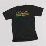 Gnocchi adult black t-shirt on a table