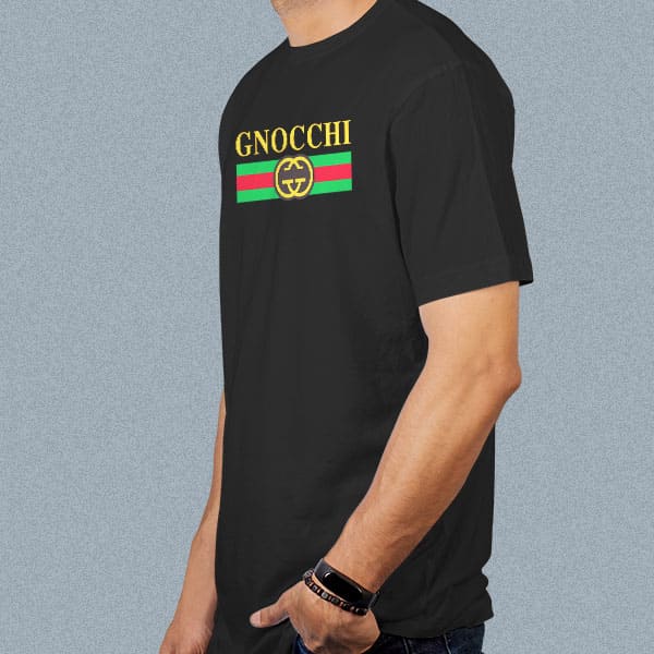Gnocchi adult black t-shirt on a man side view