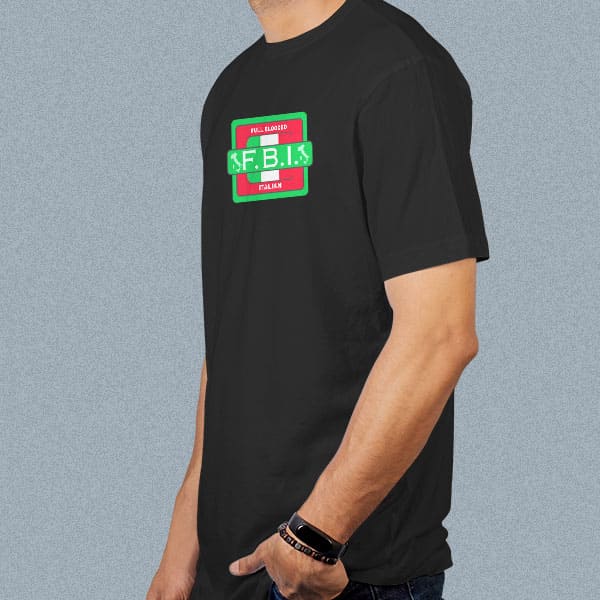 FBI-Stamp adult black t-shirt on man side view