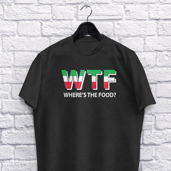 WTF-Where's The Food adult black t-shirt on a hanger