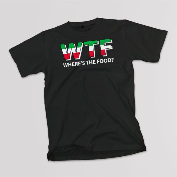 WTF-Where's The Food adult black t-shirt on a table