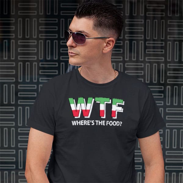 WTF-Where's The Food adult black t-shirt on man front view