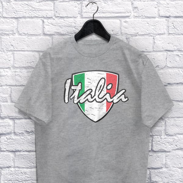 Italia Distressed Badge adult grey t-shirt on a hanger