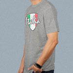 Italia Distressed Badge adult grey t-shirt on a man side view