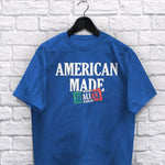 American Made with Italian Parts adult navy t-shirt on a hanger