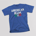 American Made with Italian Parts adult navy t-shirt on a table