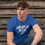 American Made with Italian Parts adult navy t-shirt on a man front view