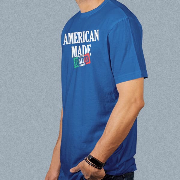 American Made with Italian Parts adult navy t-shirt on a man side view