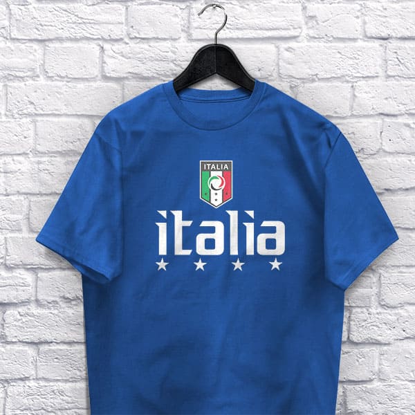 Italia Soccer adult navy t-shirt on a hanger