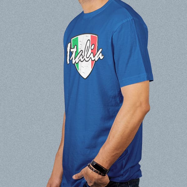Italia Distressed Badge adult navy t-shirt on a man side view