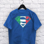 Superman adult navy t-shirt on a hanger