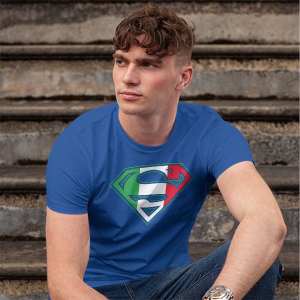 Superman adult navy t-shirt on a man front view