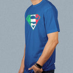 Superman adult navy t-shirt on a man side view