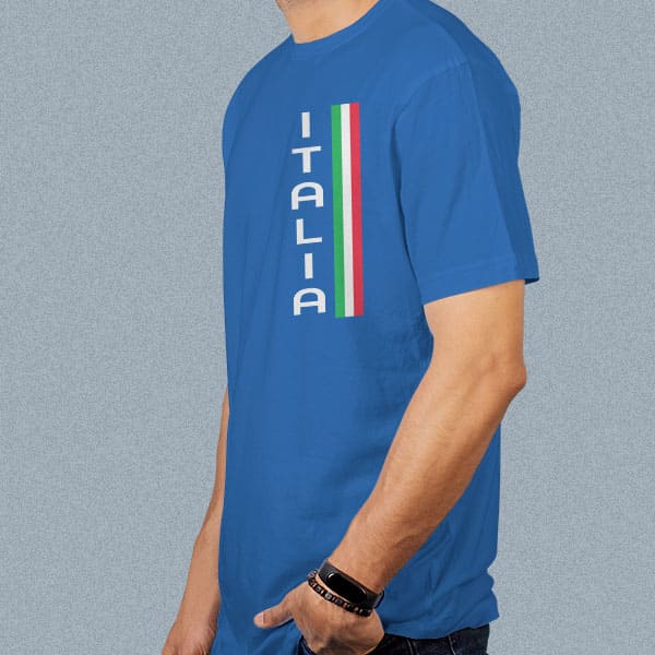 Vertical Italia adult royal blue t-shirt on a man side view
