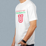 University of Italy adult white t-shirt on a man side view