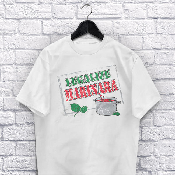 Legalize Marinara adult white t-shirt on a hanger