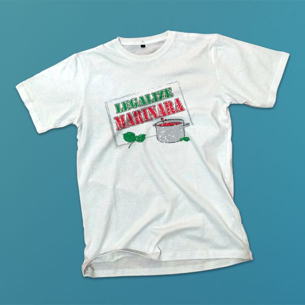 Legalize Marinara adult white t-shirt on a table