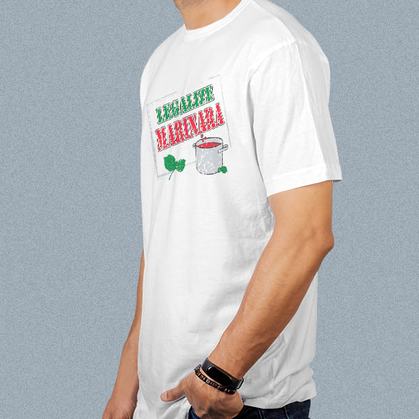 Legalize Marinara adult white t-shirt on a man side view