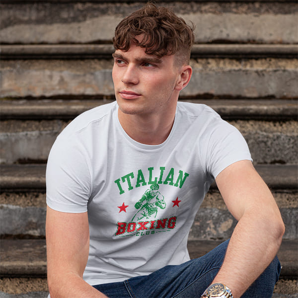 Italian Boxing Club adult white t-shirt on a man front view