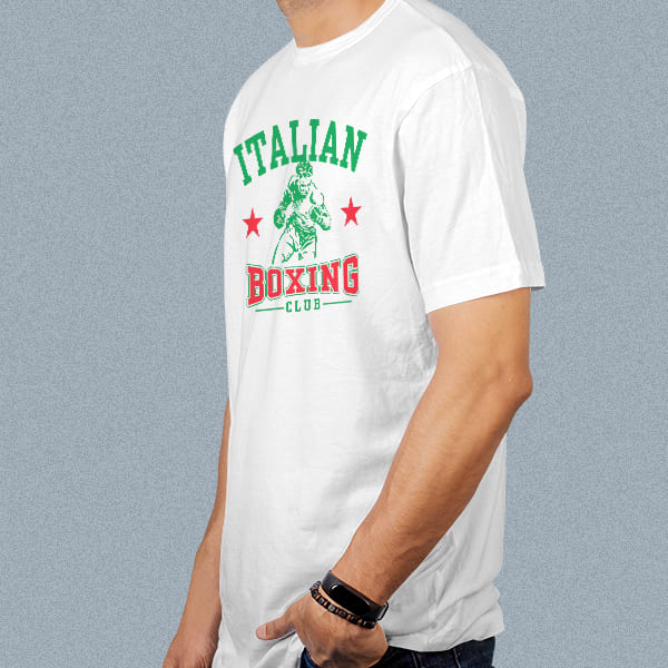 Italian Boxing Club adult white t-shirt on a man side view