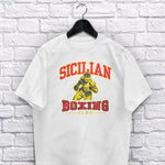 Sicilian Boxing Club adult white t-shirt on a hanger