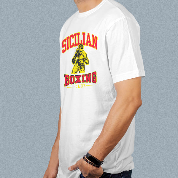 Sicilian Boxing Club adult white t-shirt on a man side view