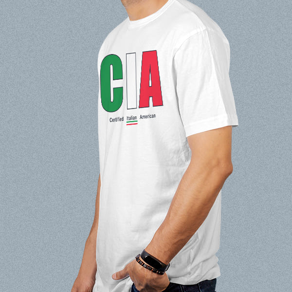 CIA Certified Italian adult white t-shirt on a man side view