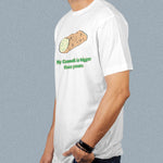 My Cannoli is bigger than yours adult white t-shirt on a man side view