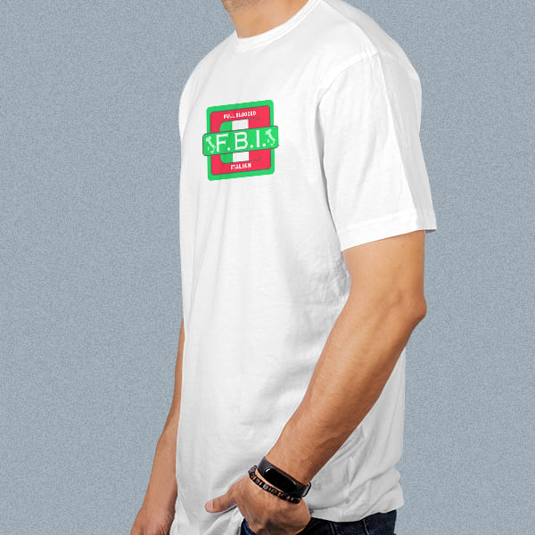 FBI-Stamp adult white t-shirt on a man side view