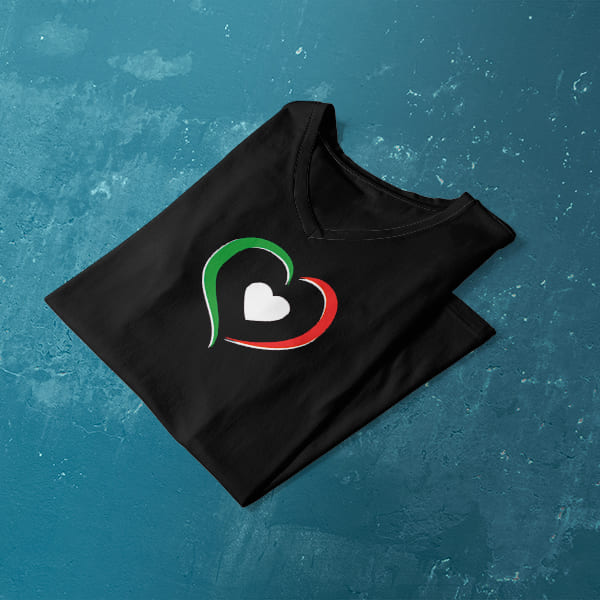 Tri-Colored Heart ladies v-neck black t-shirt folded