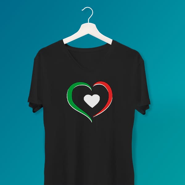 Tri-Colored Heart ladies v-neck black t-shirt on a hanger