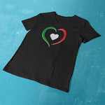 Tri-Colored Heart ladies v-neck black t-shirt on a table