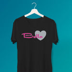 Pink Bella Heart ladies v-neck black t-shirt on a hanger