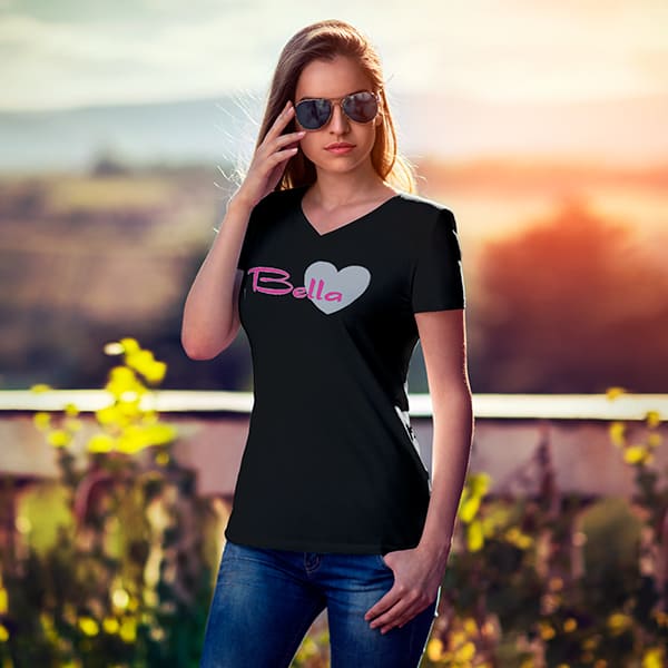Pink Bella Heart ladies v-neck black t-shirt on a woman