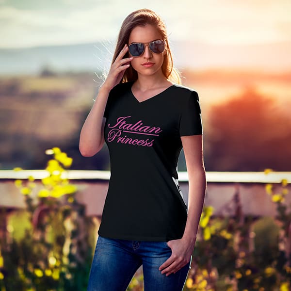 Pink Italian Princess ladies v-neck black t-shirt on a woman