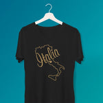 Italia Gold Foil Map ladies v-neck black t-shirt on a hanger