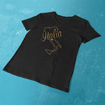 Italia Gold Foil Map ladies v-neck black t-shirt on a table