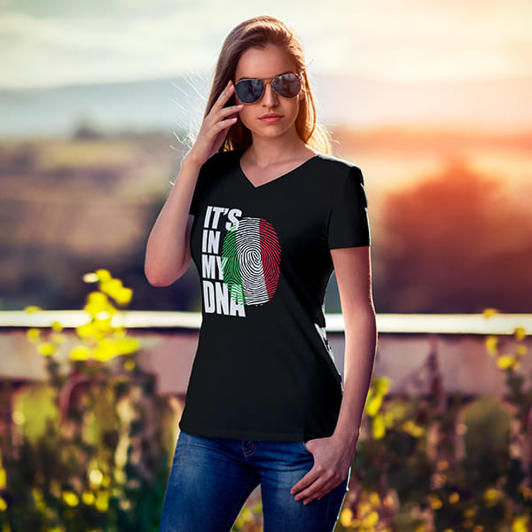 It's in my DNA Italian ladies v-neck black t-shirt on a woman