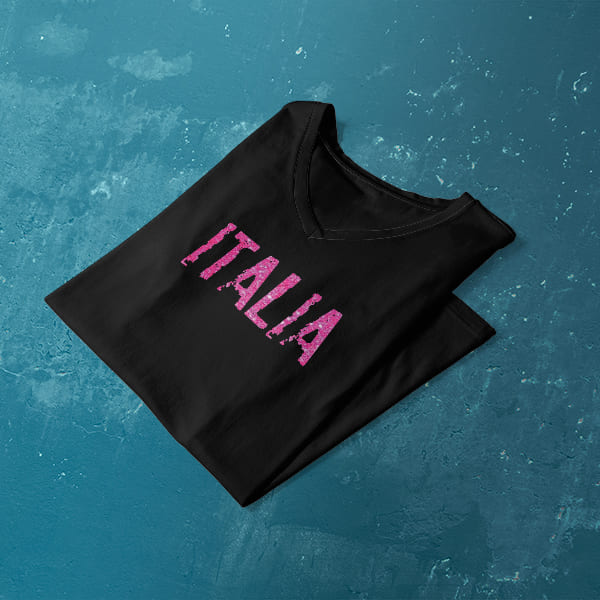 Distressed Italia pink glitter ladies v-neck black t-shirt folded