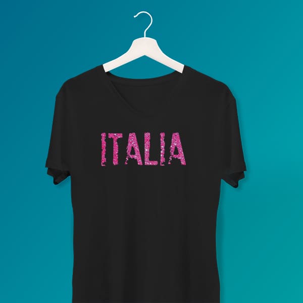 Distressed Italia pink glitter ladies v-neck black t-shirt on a hanger