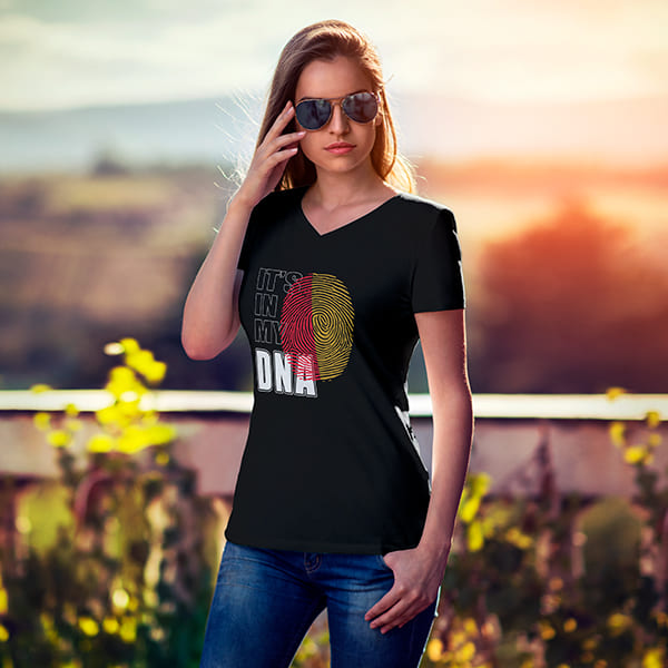 It's in my DNA Sicilian ladies v-neck black t-shirt on a woman