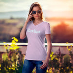 Bubble Italia ladies v-neck pink t-shirt on a woman