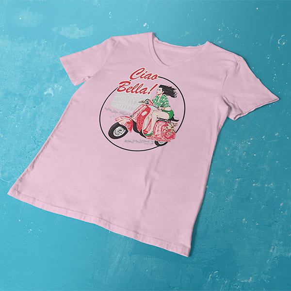 Ciao Bella ladies v-neck pink t-shirt on a table