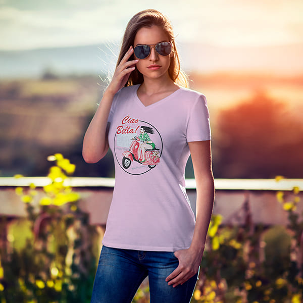 Ciao Bella ladies v-neck pink t-shirt on a woman