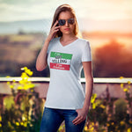 I'm Not Yelling I'm Italian ladies v-neck white t-shirt on a woman