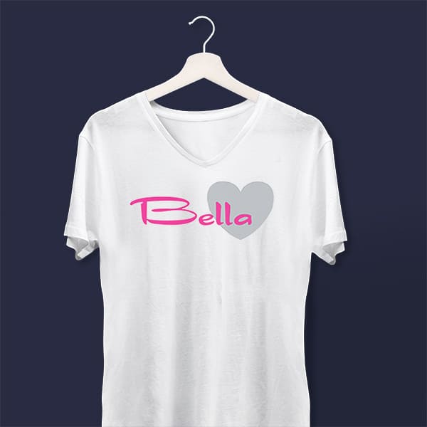 Pink Bella Heart ladies v-neck white t-shirt on a hanger